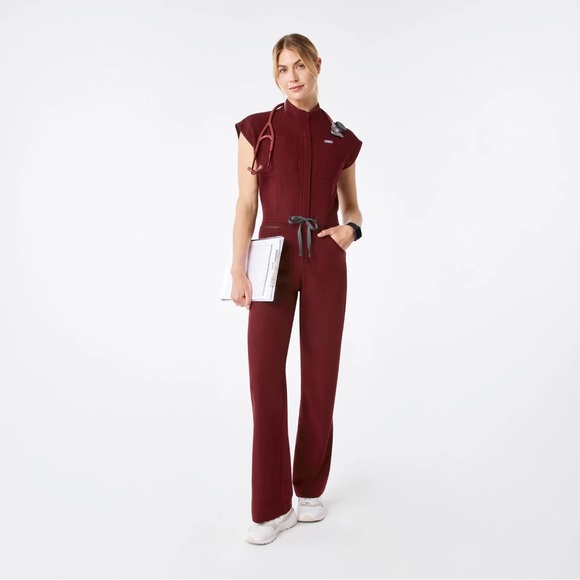 Figs Pants - FIGS Rafaela Cargo Wide Leg ScrubJumpsuit - Burgundy - L (Tall)